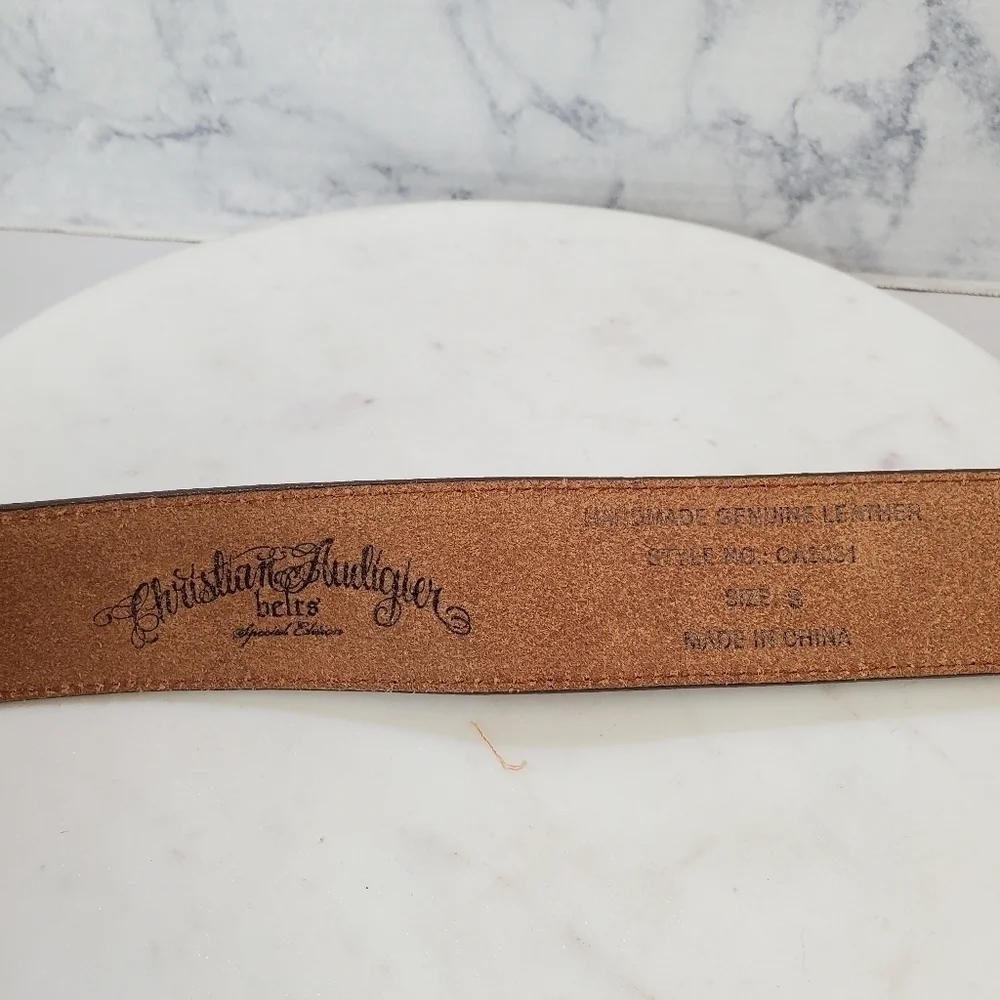 Christian Audigier Small Brown Leather Belt Skulls Roses Gold Halloween 90s Rare